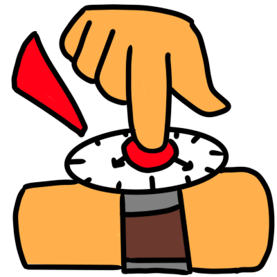 a yellow hand tapping an analogue wristwatch with one finger. there is a red circle on the wristwatch where it is being tapped, and a red triangle to the upper left of the picture.